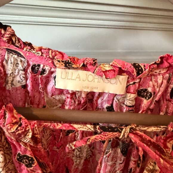 ULLA JOHNSON Puff-Sleeved Tiered Drawstring Mini Dress Hollyhock Size 4 - Picture 6 of 8